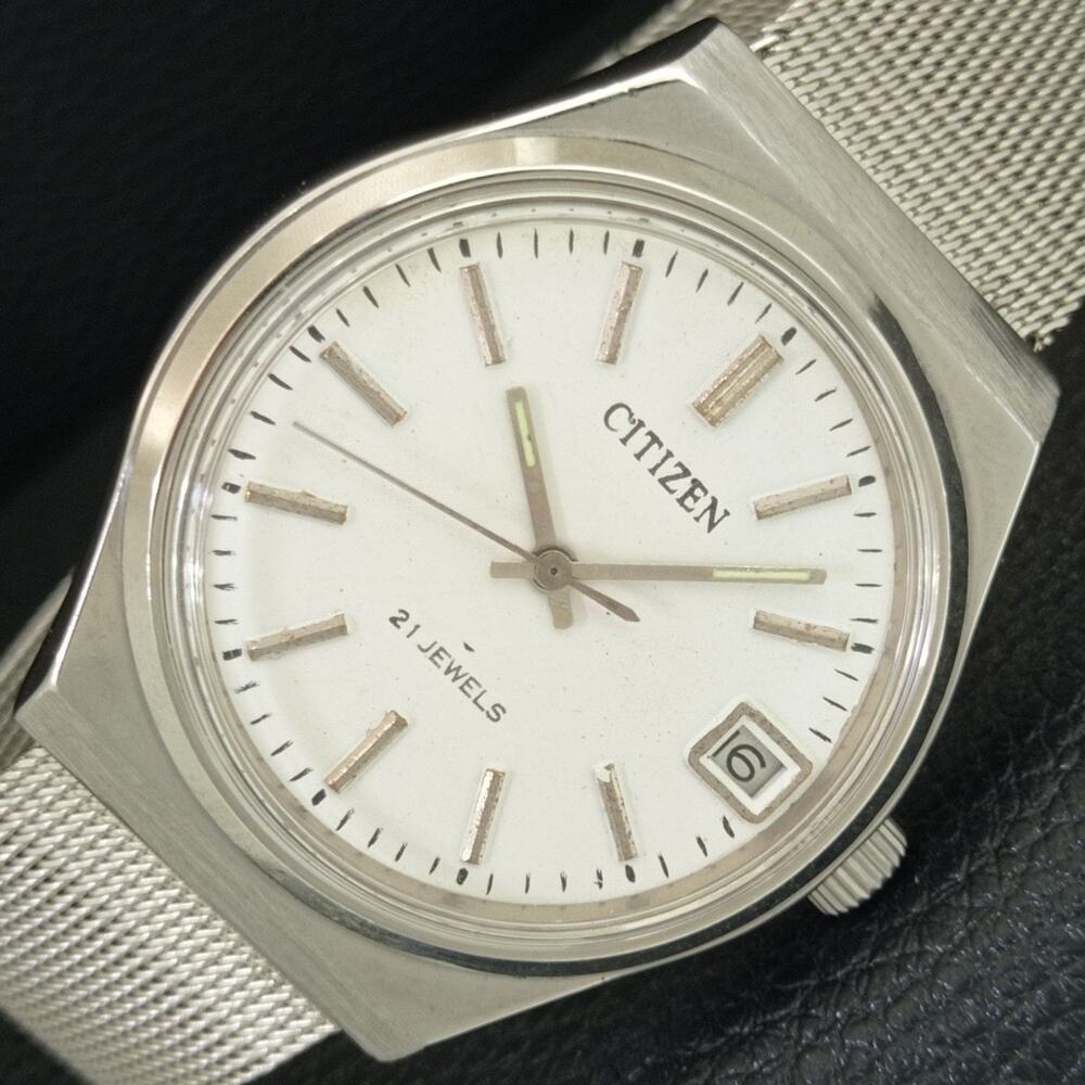Vintage 1971 Citizen Manual Wound Mens Silver Watch W/Date & White accents